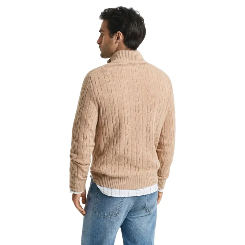 Gant Lambswool Cable Knit Half-Zip Sweater in Khaki Melange-2
