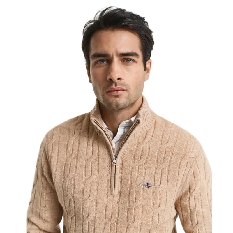 Gant Lambswool Cable Knit Half-Zip Sweater in Khaki Melange-3