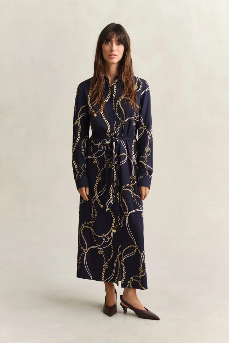 Gant Printed Fluid Long Sleeve Shirt Dress in Evening Blue-1