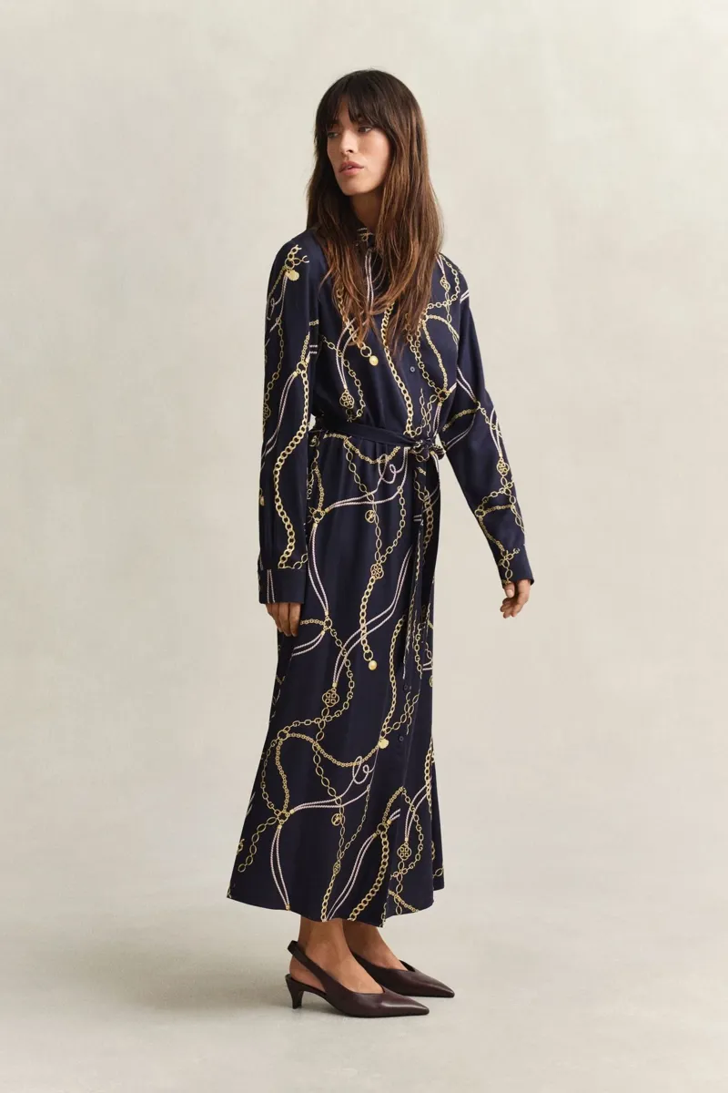 Gant Printed Fluid Long Sleeve Shirt Dress in Evening Blue-2