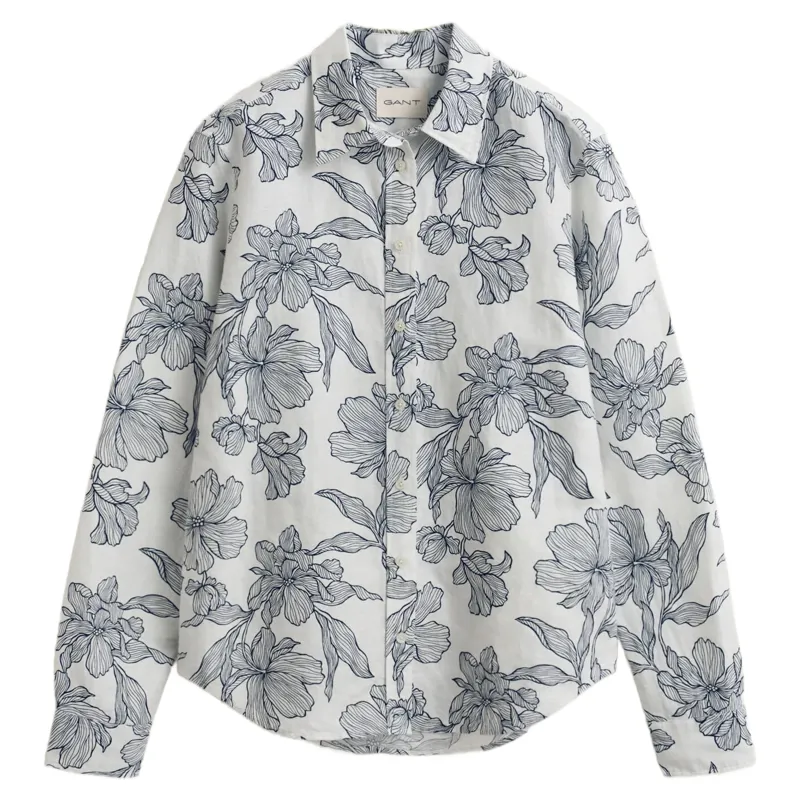 Gant Reg Floral Print Linen Shirt in Evening Blue