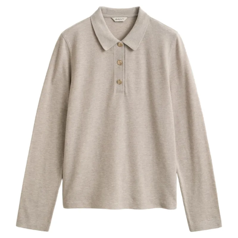 Gant Reg LS Pique Polo Long Sleeve Top in Light Beige Melange