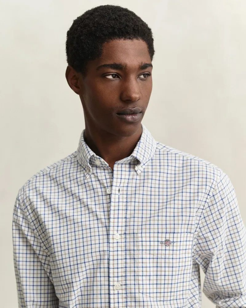 Gant Regular Classic Poplin Check Shirt in Taupe Beige-1