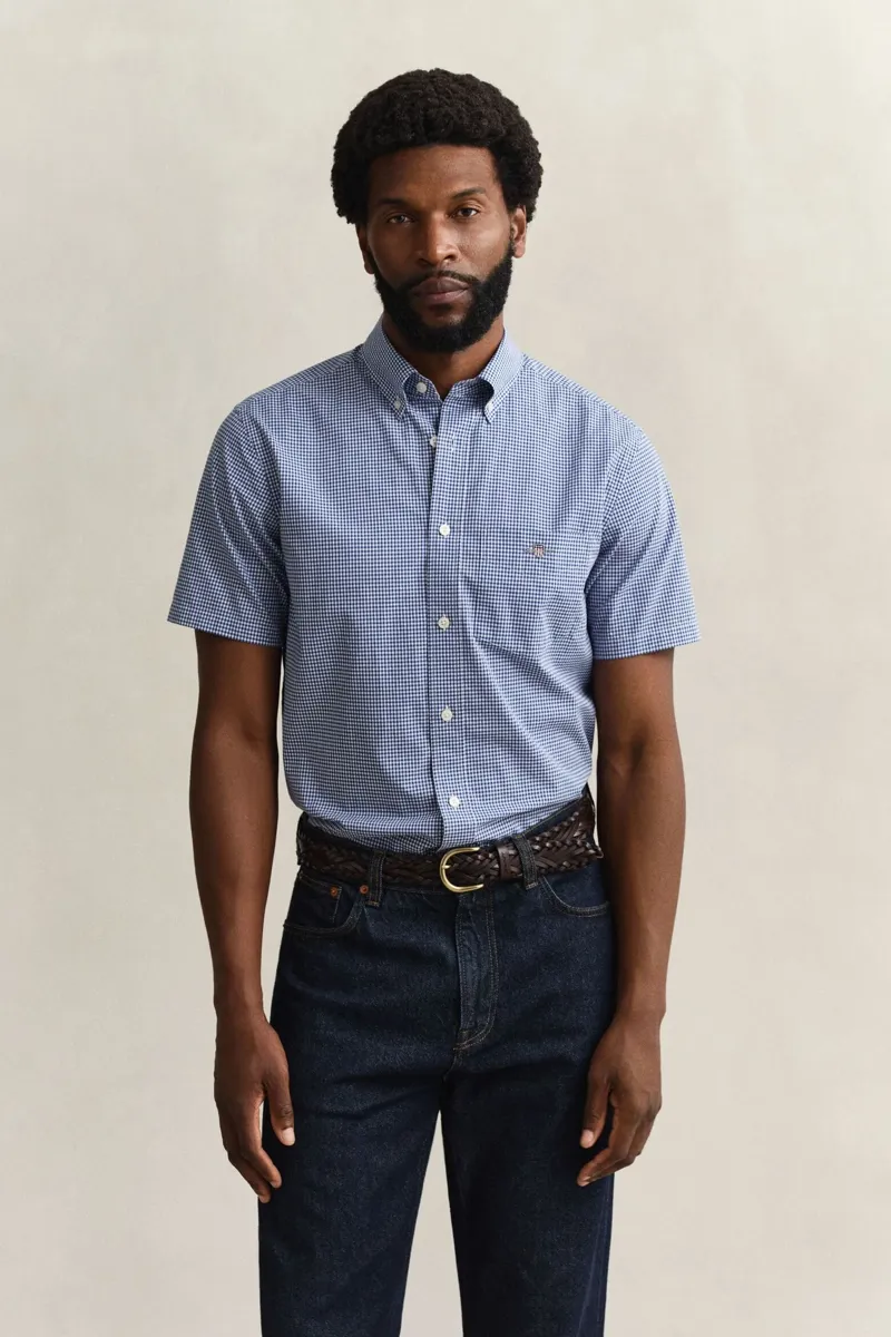 Gant Regular Classic Poplin Gingham Short Sleeve Shirt in College Blue-1