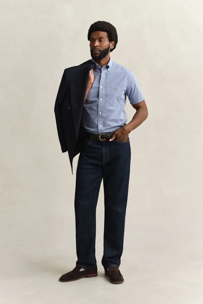Gant Regular Classic Poplin Gingham Short Sleeve Shirt in College Blue-2