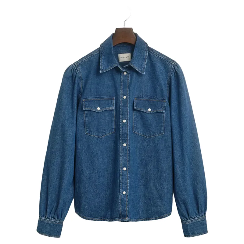 Gant Regular Puff Sleeve Denim Shirt Indigo