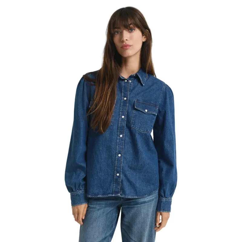 Gant Regular Puff Sleeve Denim Shirt Indigo-1