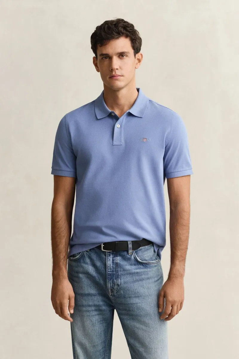 Gant Regular Shield Short Sleeve Pique Polo in Faded Denim-1