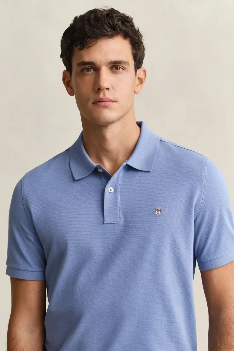 Gant Regular Shield Short Sleeve Pique Polo in Faded Denim-2