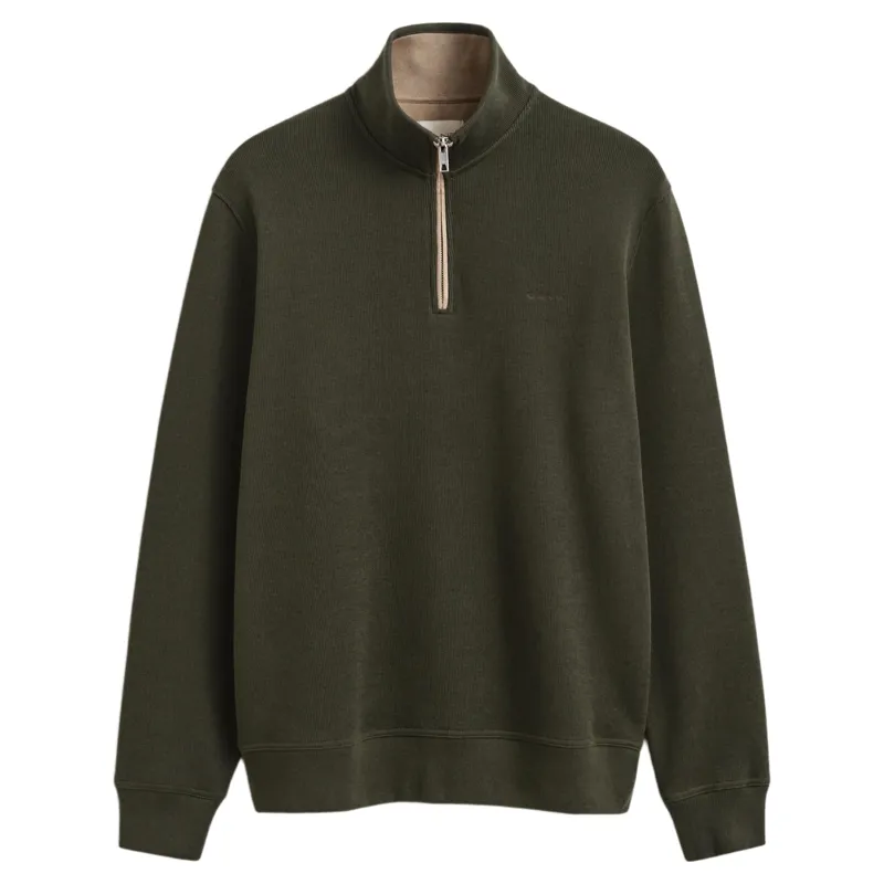 Gant Sacker Rib Half Zip Sweatshirt in Dark Moss Green
