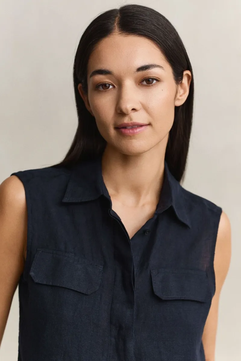 Gant Sleeveless Linen Shirt in Black-3