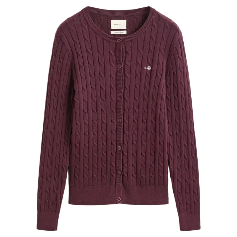 Gant Stretch Cable Knit Cardigan in Darkened Wine