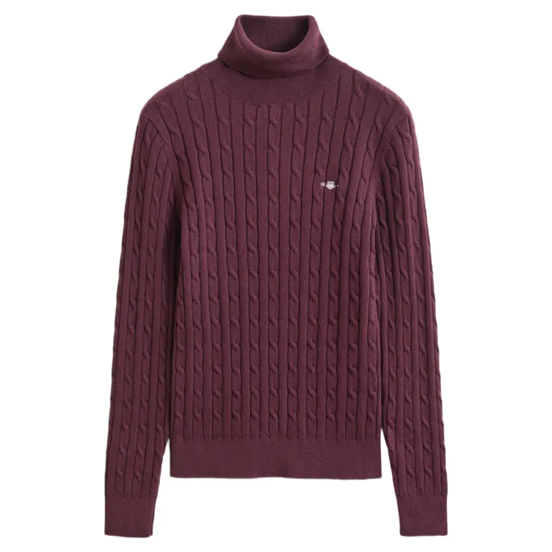 Gant Stretch Cotton Cable Turtleneck Sweater in Darkened Wine