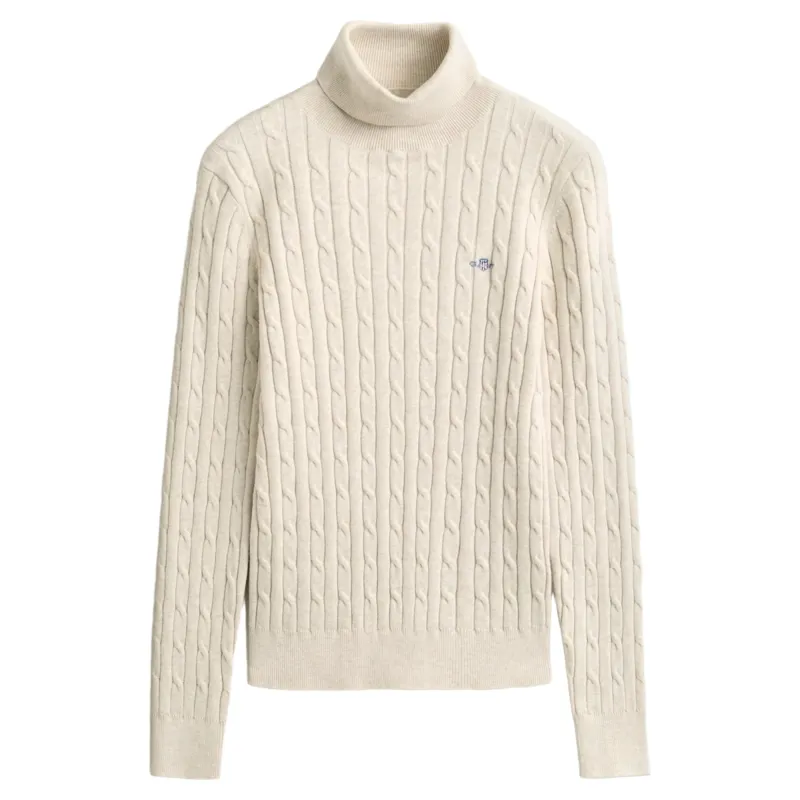Gant Stretch Cotton Cable Turtleneck Sweater in Faded Beige