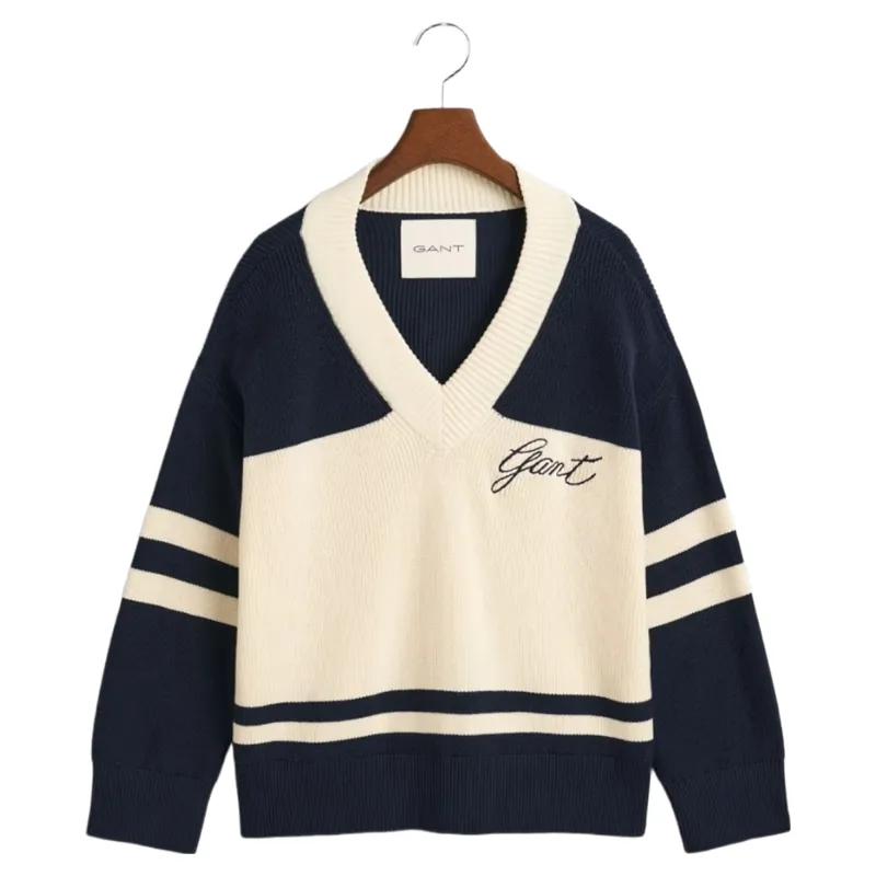 Gant Women's Varsity Cotton V-Neck Jumper in Evening Blue