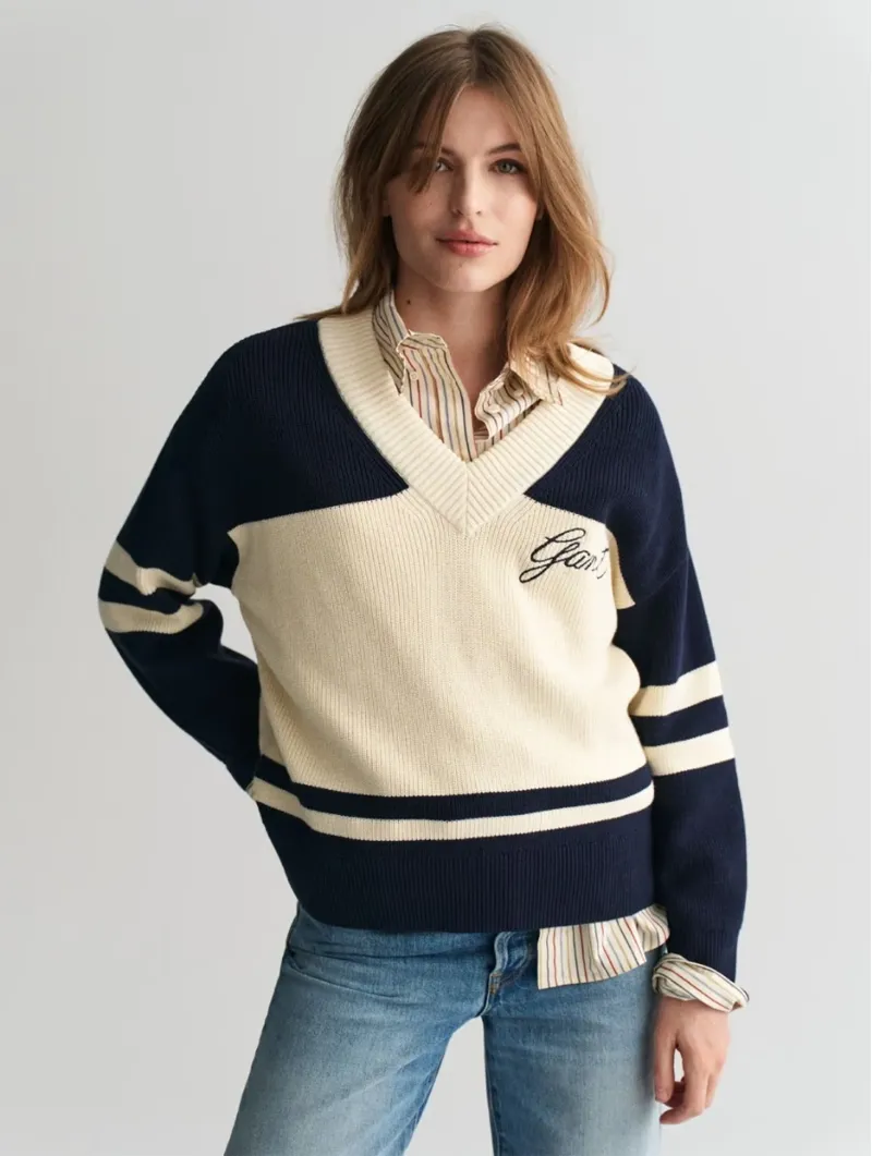 Gant Women's Varsity Cotton V-Neck Jumper in Evening Blue-1