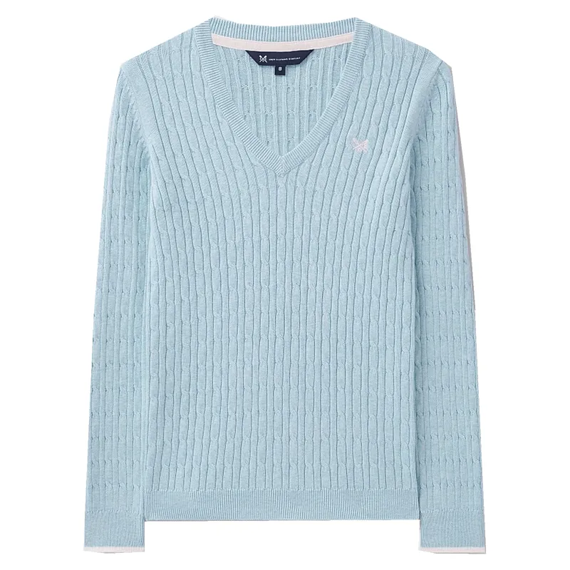 Crew Heritage Cable V Neck Jumper Blue Marl