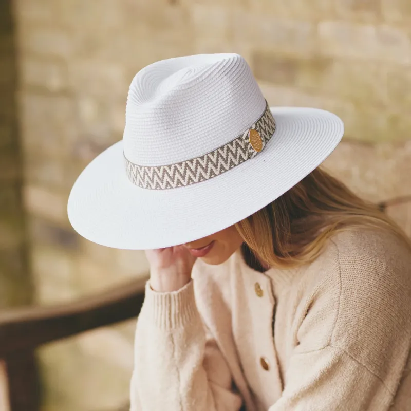 Hicks and Brown The Hemley Fedora in White/Khaki Aztec Ribbon-2