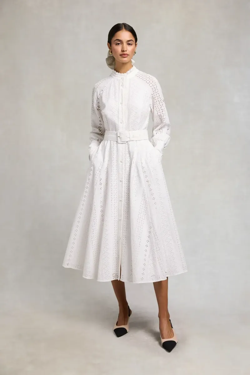 Holland Cooper Aimee Collarless Broderie Dress in White-1