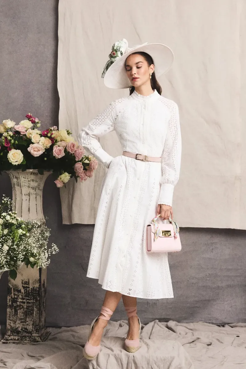 Holland Cooper Aimee Collarless Broderie Dress in White-3