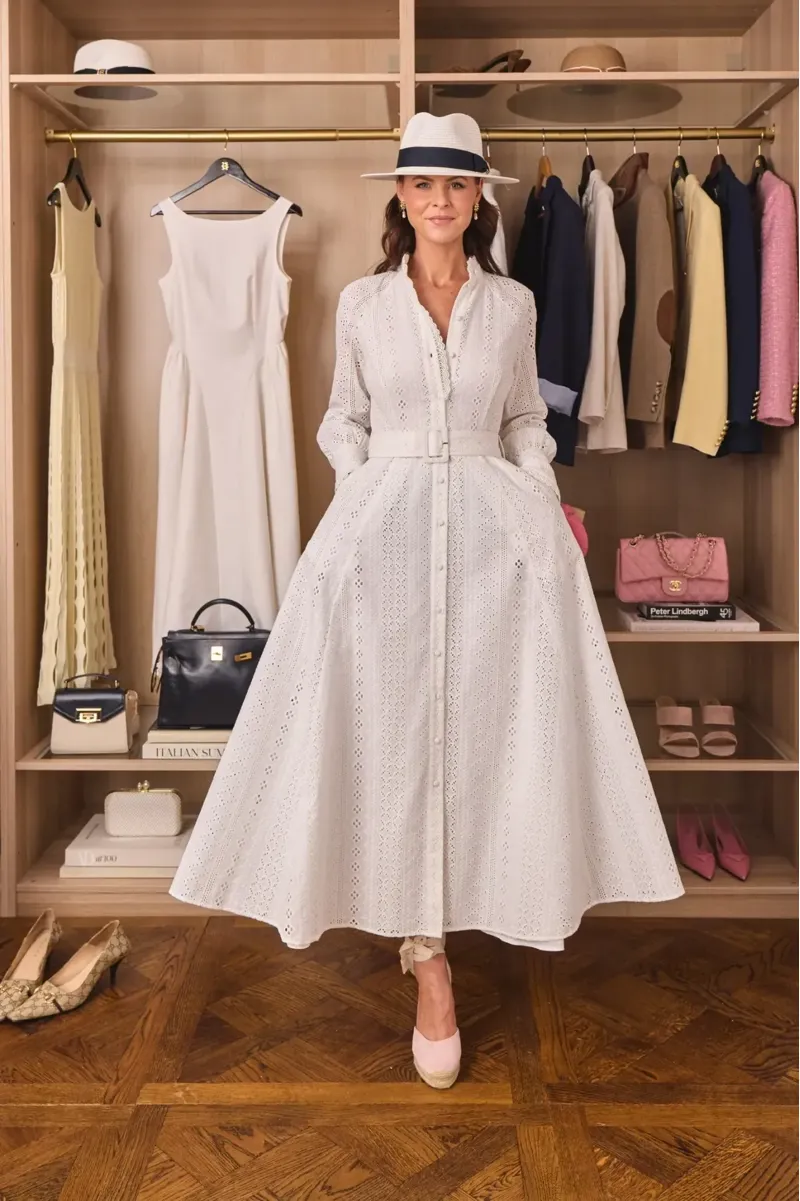 Holland Cooper Aimee Collarless Broderie Dress in White-4