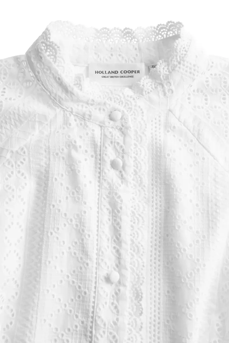 Holland Cooper Aimee Collarless Broderie Dress in White-5