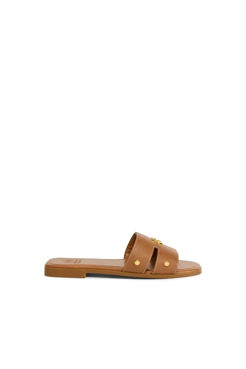 Holland Cooper Heraldic Monogram Slides Saffiano in Tan-2