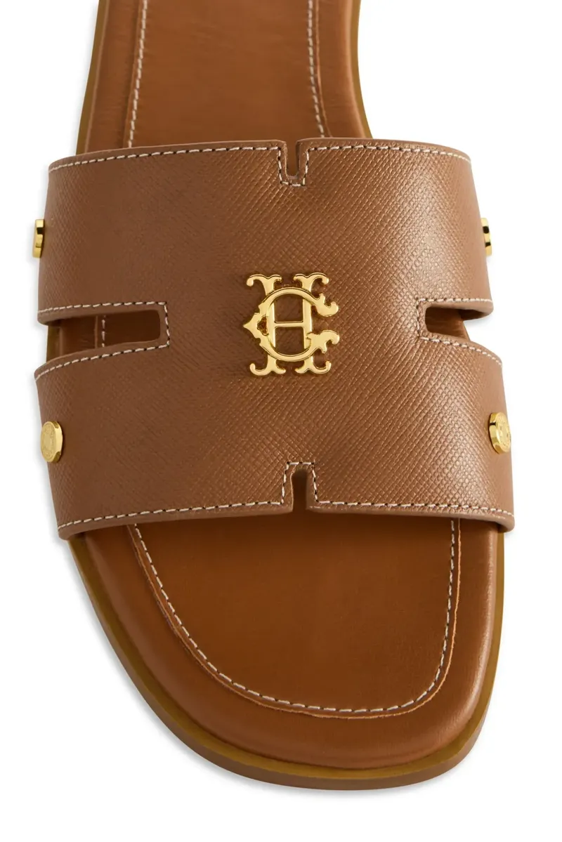 Holland Cooper Heraldic Monogram Slides Saffiano in Tan-3