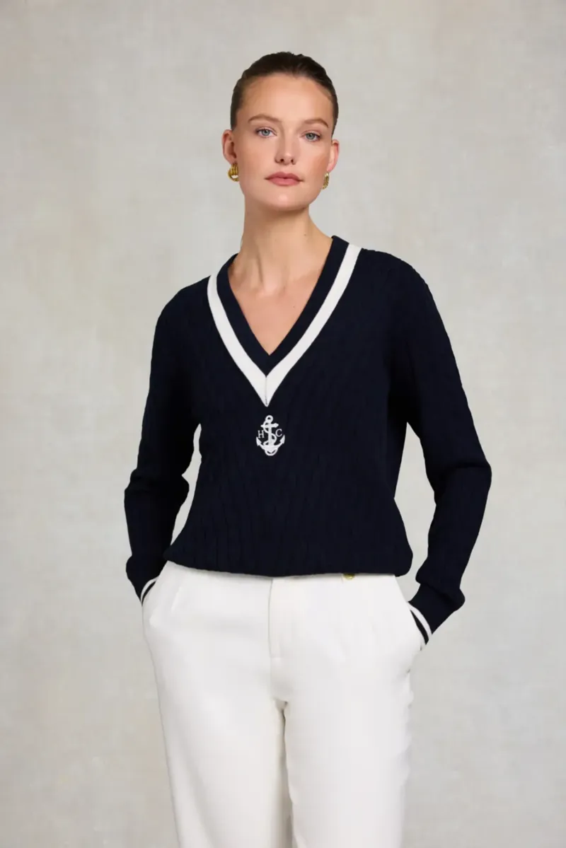 Holland Cooper Melissa V Neck Knit in Ink Navy Natural-2