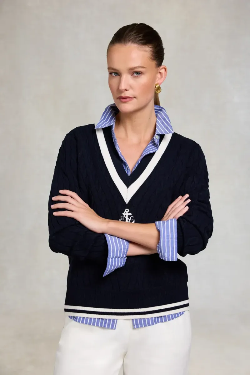 Holland Cooper Melissa V Neck Knit in Ink Navy Natural-3