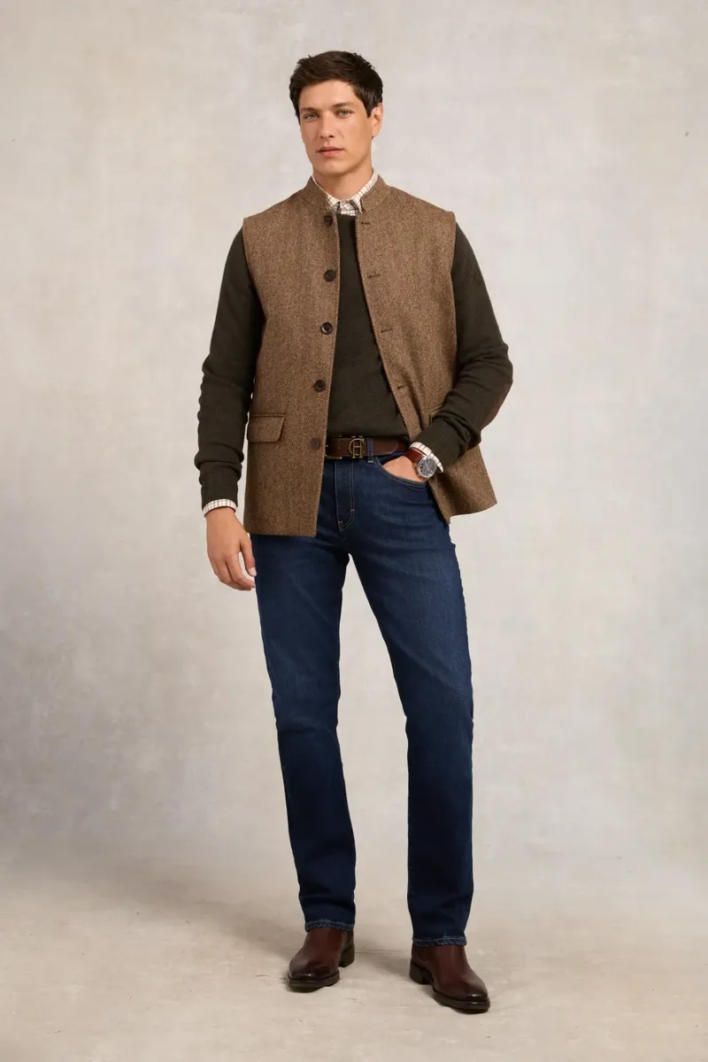 Holland Cooper Nehru Gilet Large Scale Brown Herringbone-2