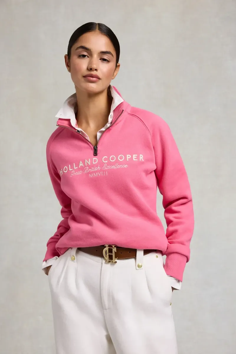 Holland Cooper Sporting Goods Zip Henley in Peony Pink-1