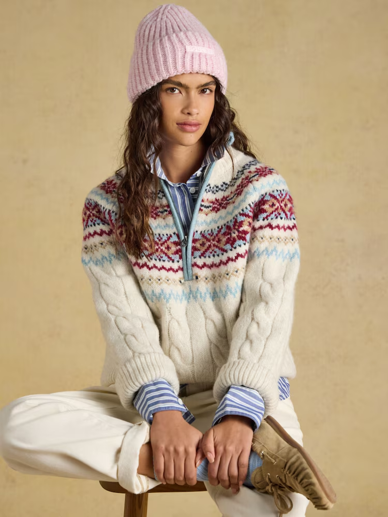 Joules Cable Knit Fair Isle Half Zip Jumper in Cream-5
