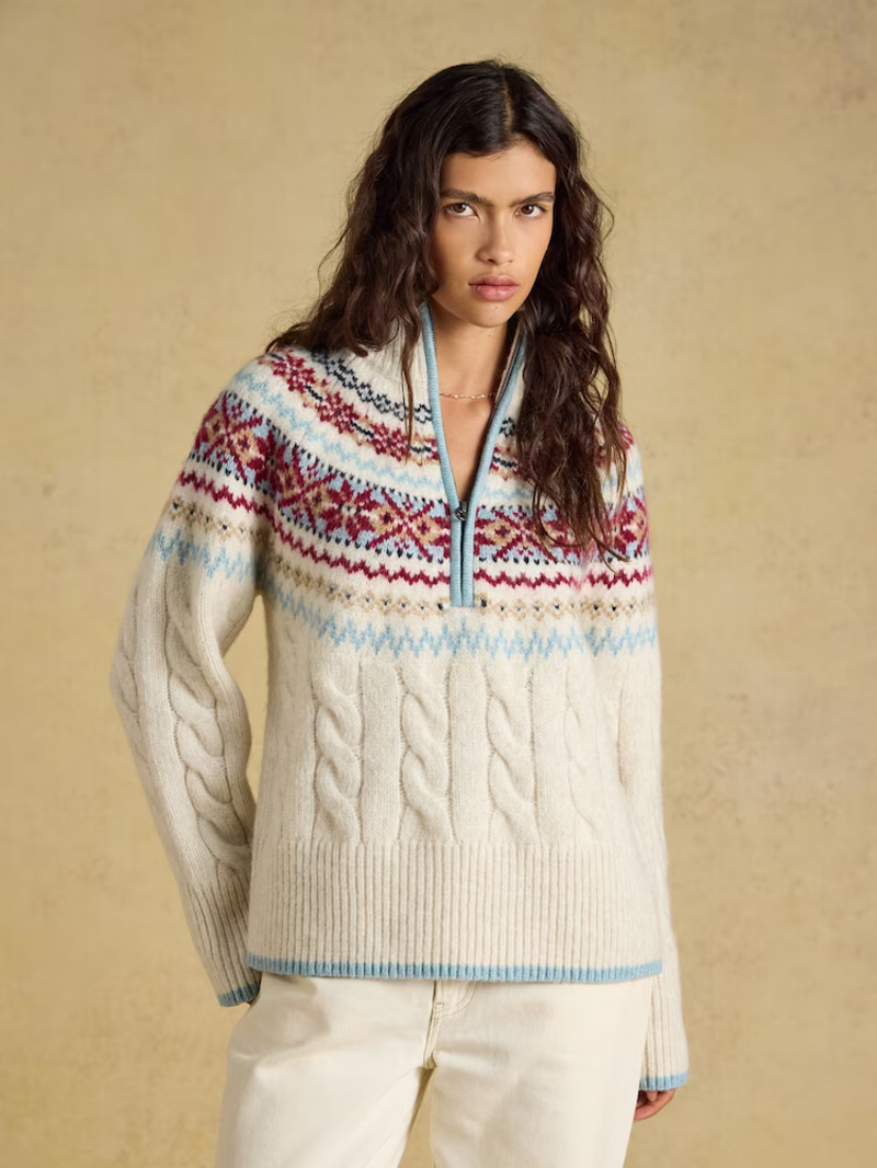 Joules Cable Knit Fair Isle Half Zip Jumper in Cream-1