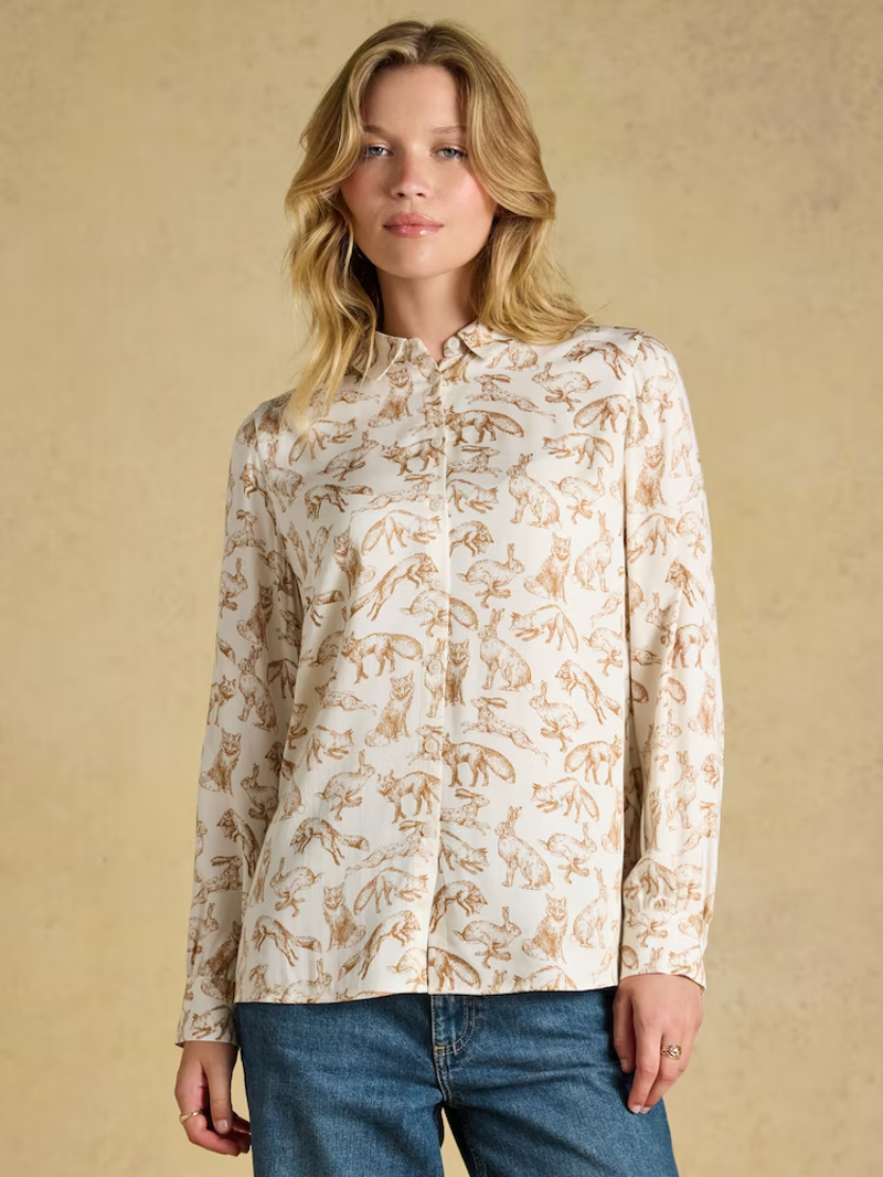 Joules Equestrian Print Satin Shirt in Cream-1