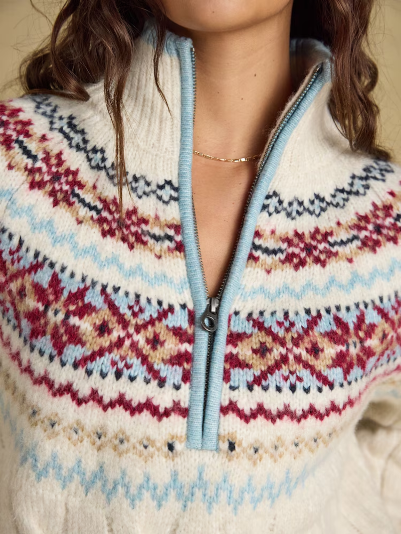 Joules Cable Knit Fair Isle Half Zip Jumper in Cream-6