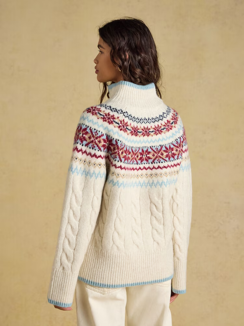 Joules Cable Knit Fair Isle Half Zip Jumper in Cream-2