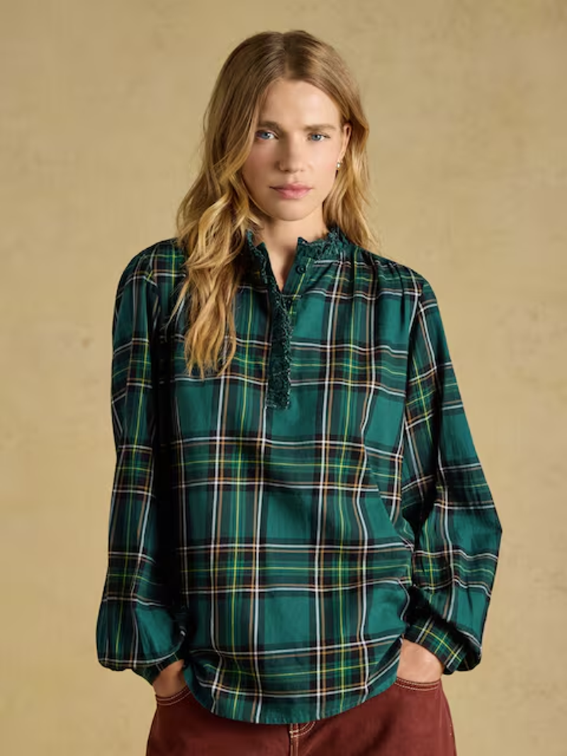 Joules Brushed Frill Neck Blouse in Green Check-3