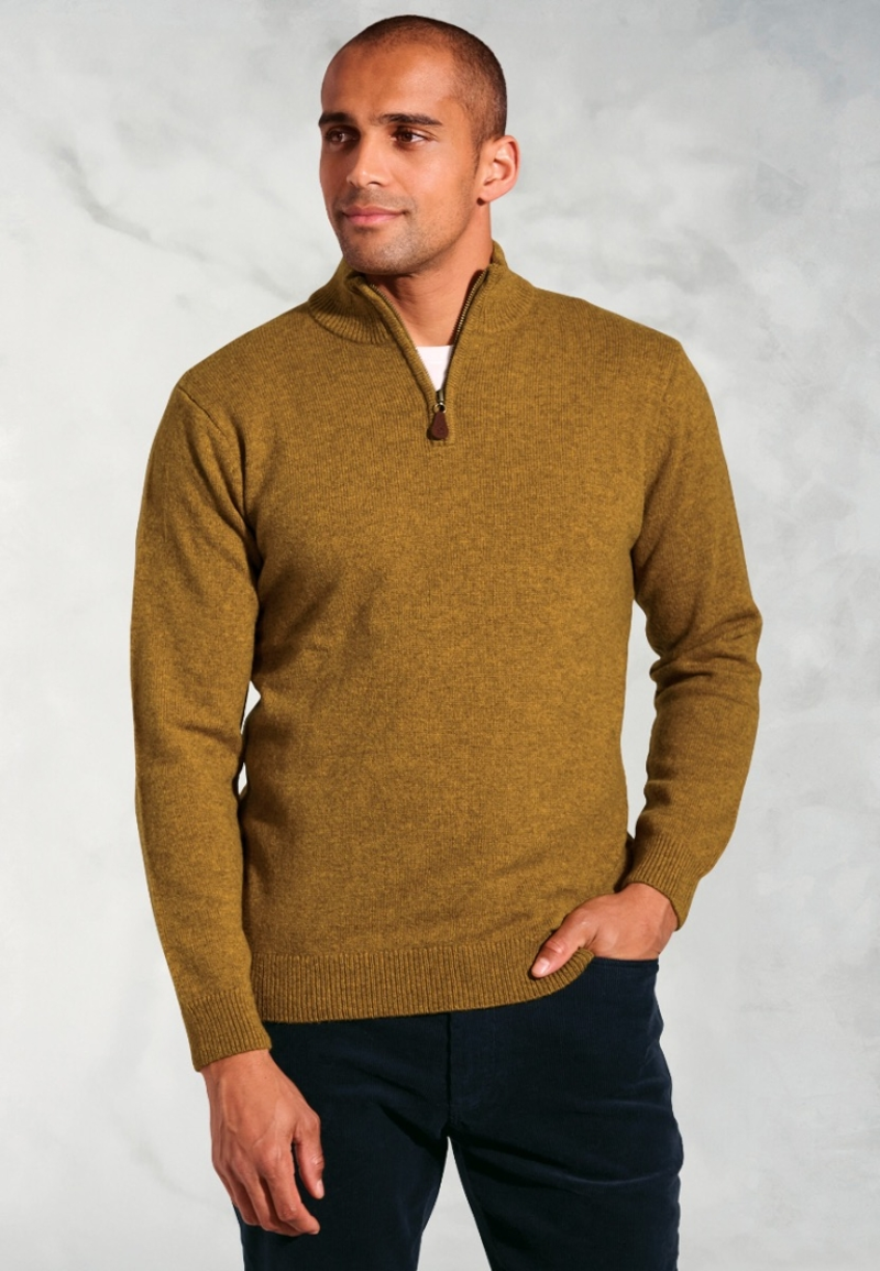 Brook Taverner Rutherford Lambswool Zip Neck Jumper in Mustard-1