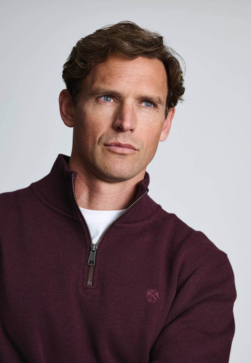 Brook Taverner Redgrave Cotton French Rib Zip Neck Jumper in Burgundy-1