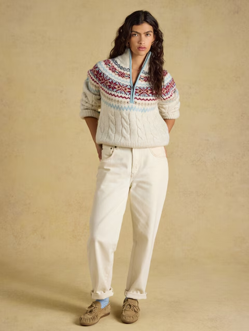 Joules Cable Knit Fair Isle Half Zip Jumper in Cream-3