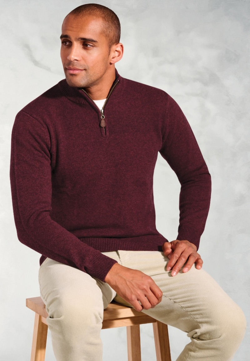 Brook Taverner Rutherford Lambswool Zip Neck Jumper in Burgundy-1