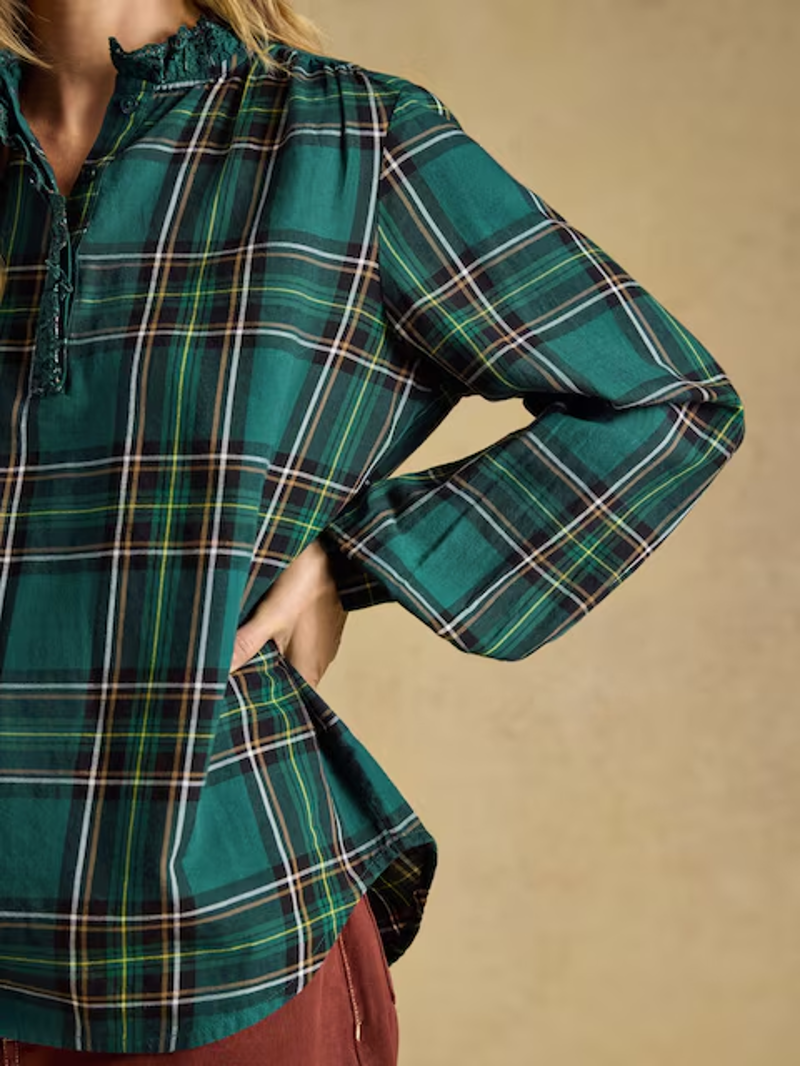 Joules Brushed Frill Neck Blouse in Green Check-8