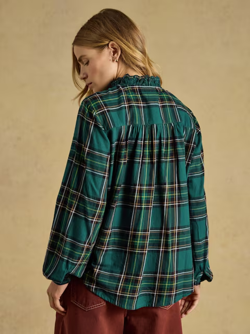 Joules Brushed Frill Neck Blouse in Green Check-4