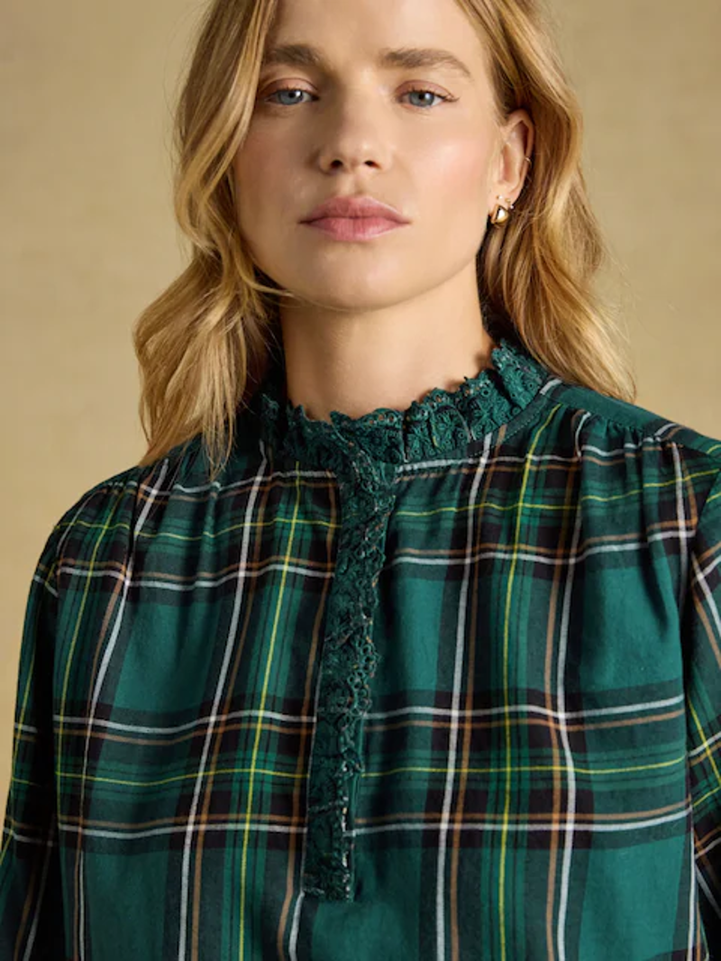 Joules Brushed Frill Neck Blouse in Green Check-6