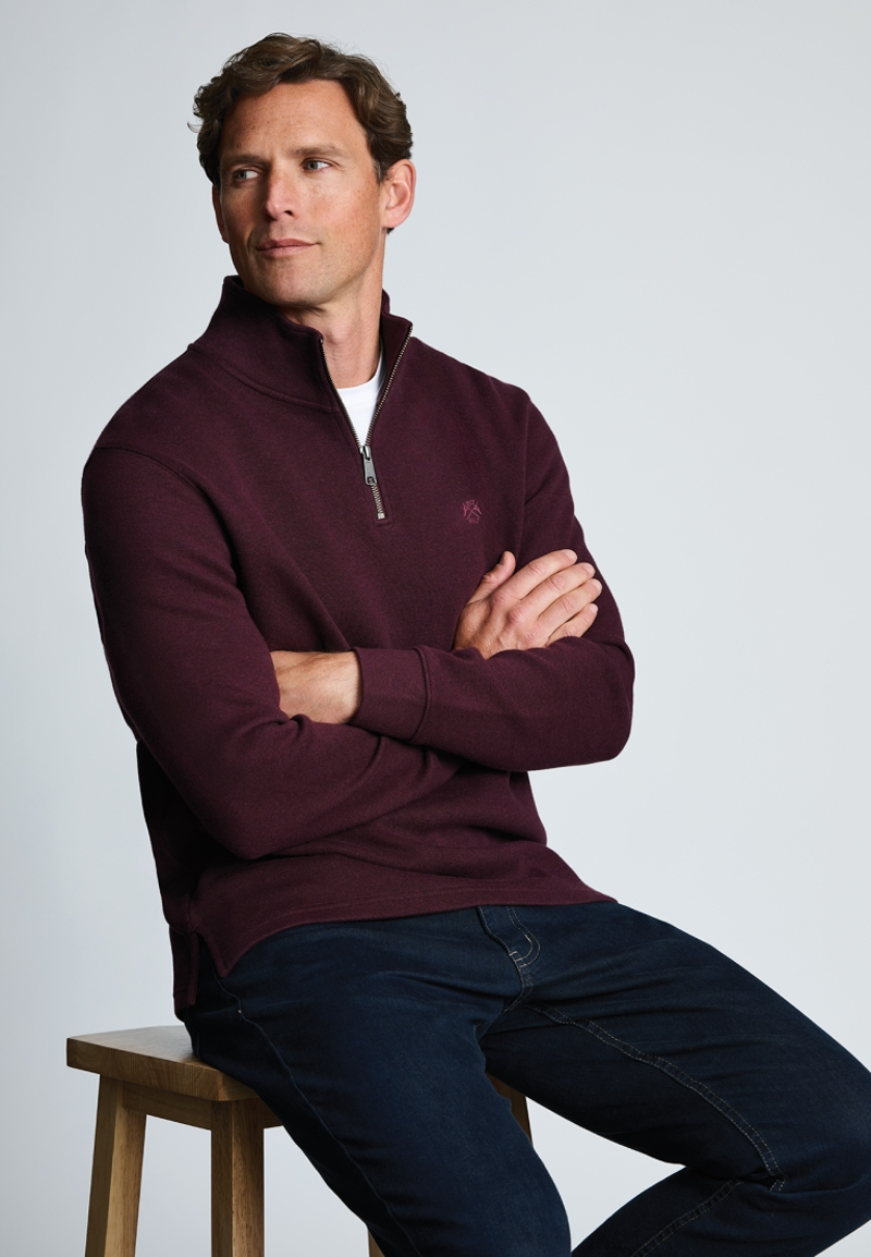 Brook Taverner Redgrave Cotton French Rib Zip Neck Jumper in Burgundy-2