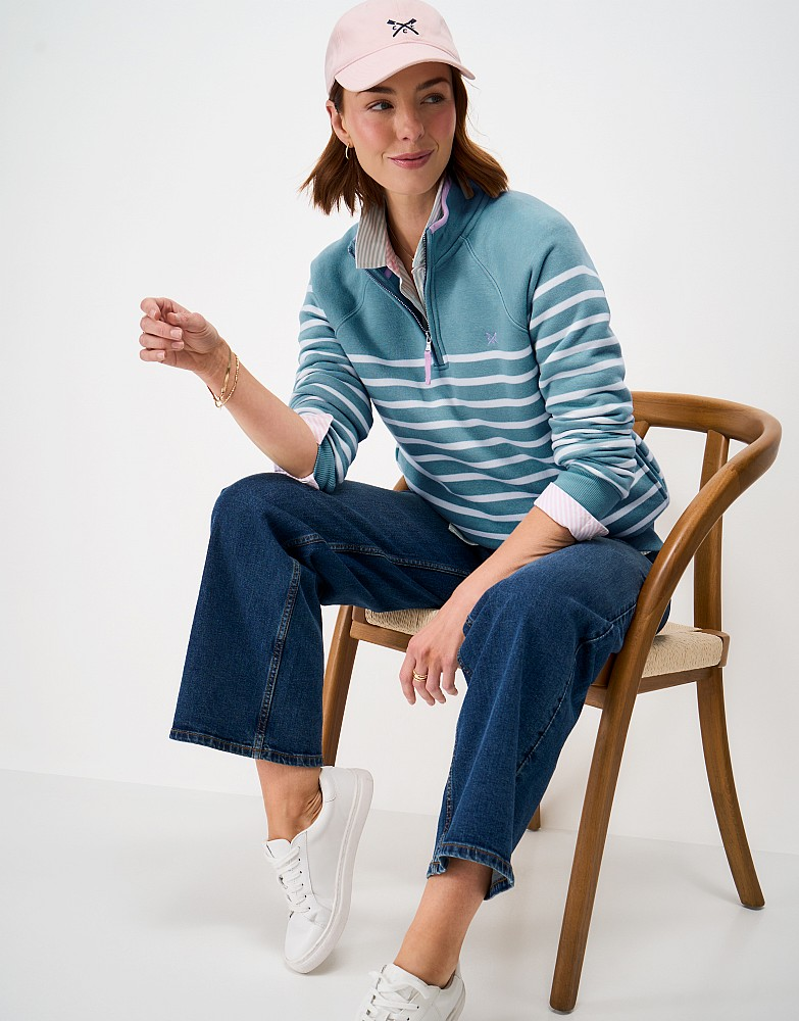 Crew Clothing Half Zip Sweat in Cameo Blue/White Linen-3