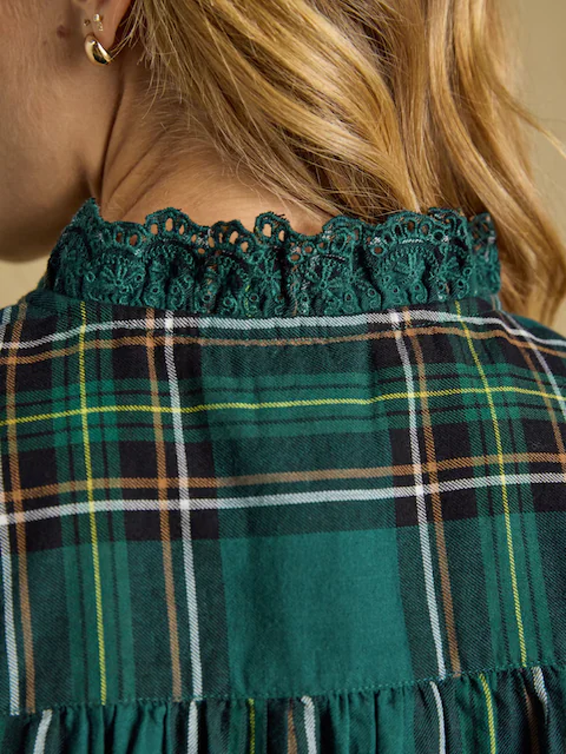 Joules Brushed Frill Neck Blouse in Green Check-5
