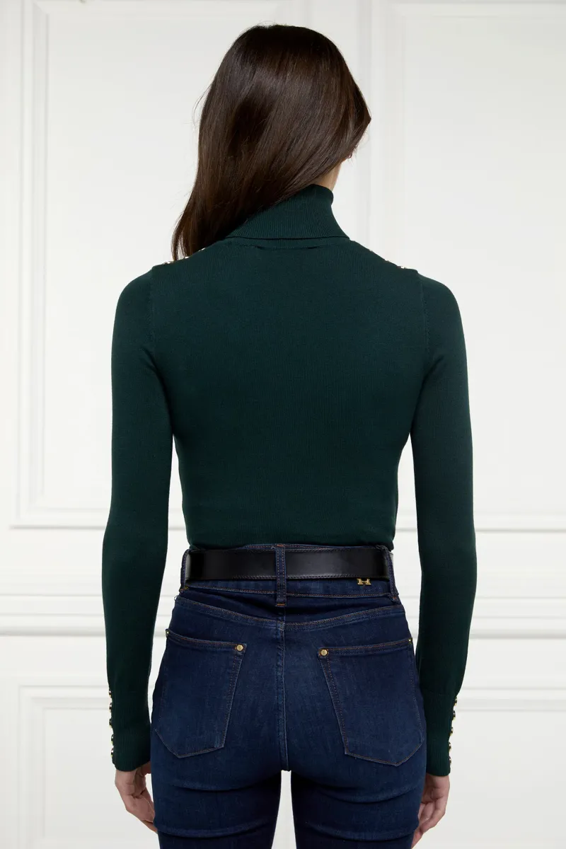 Holland Cooper Buttoned Knit Roll Neck Jumper in Deep Emerald-2