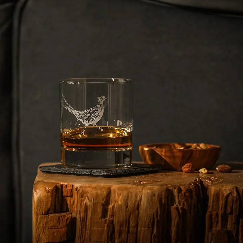 Just Slate Pheasant Glass Tumbler with Slate Coaster Gift Set-2